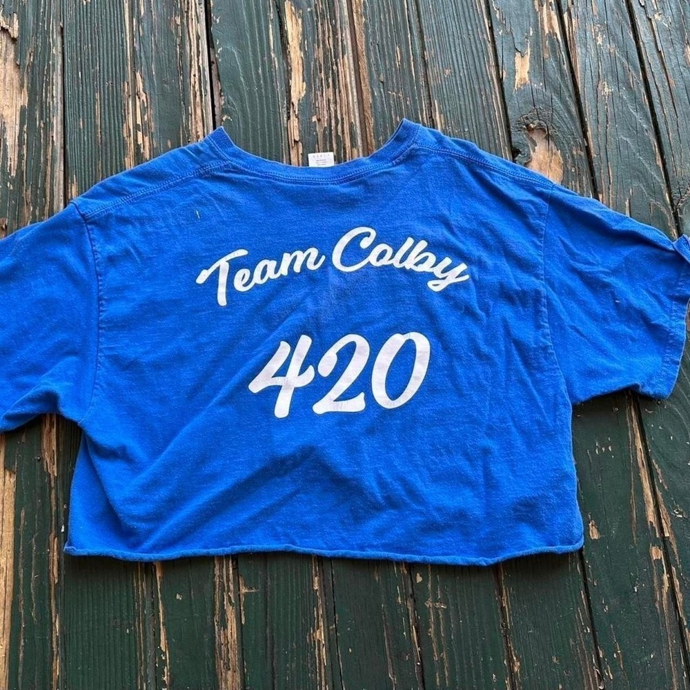 Team Colby 420 HCH Blue Cropped Graphic T-Shirt Distressed Raw Hem Cotton